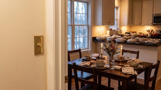 Dining table set for a dinner party viewed through a doorway with a brass doorbell in a home kitchen setting where many prepared dishes are waiting on the counter for guests to arrive.