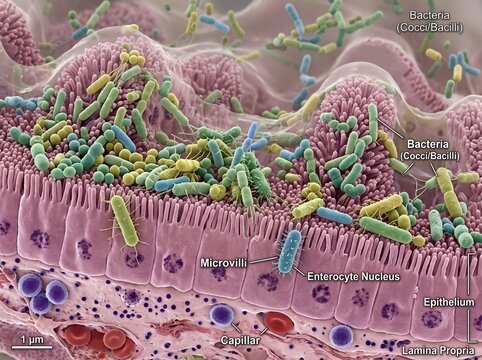 A microscopic view of bacteria and microorganisms in the human gut