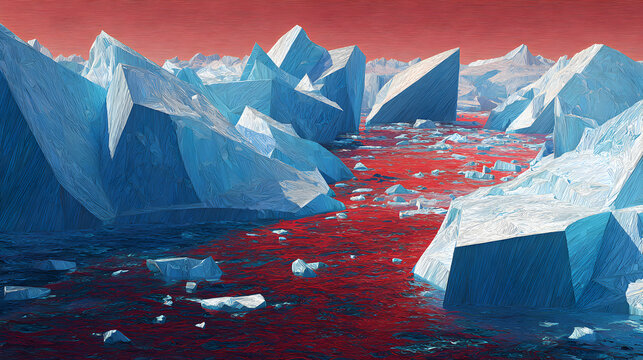 Abstract geometric blue icebergs floating in a dark red water landscape