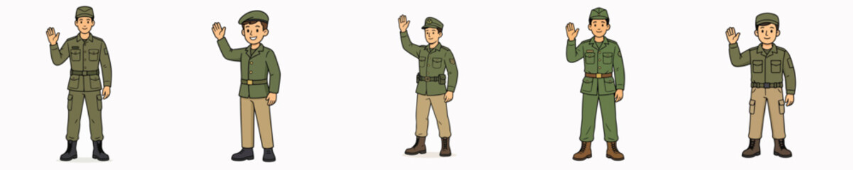 Fototapeta premium A set of vector illustrations of a male soldier standing, smiling, and waving.