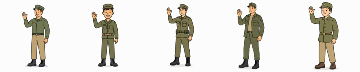 Fototapeta premium A set of vector illustrations of a male soldier standing, smiling, and waving.