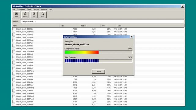 A vintage Windows-style file archiver interface showing dataset compression progress with retro segmented progress bars.