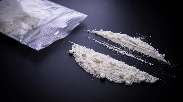 Addiction medicine: Fentanyl powder and plastic bag symbolize overdose risk and drug dependence