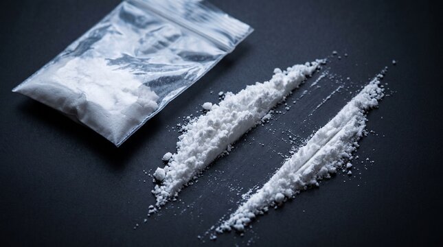 Addiction medicine: Bagged white powder and prepared lines symbolize fentanyl overdose danger
