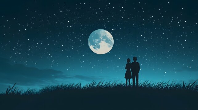 Anime couple watching stars on a hill under the moon 