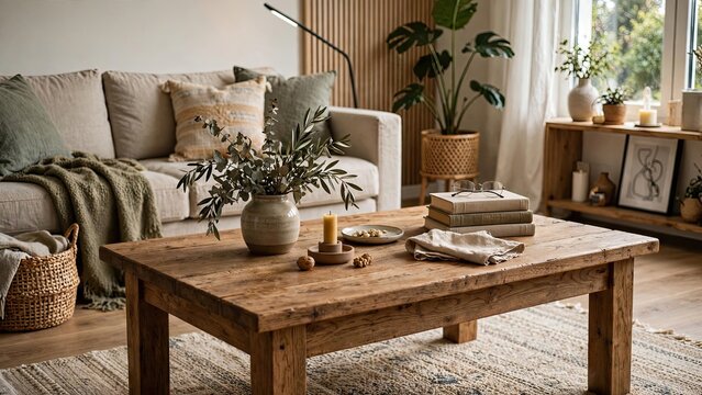 Cozy modern living room interior with wooden furniture sofa and plants.