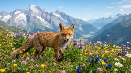 Fototapeta premium Red fox standing in a vibrant alpine meadow with majestic snow-capped mountains in the background