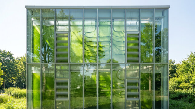 Modern glass facade of sustainable ecological building featuring vibrant green microalgae bioreactor panels under bright daylight