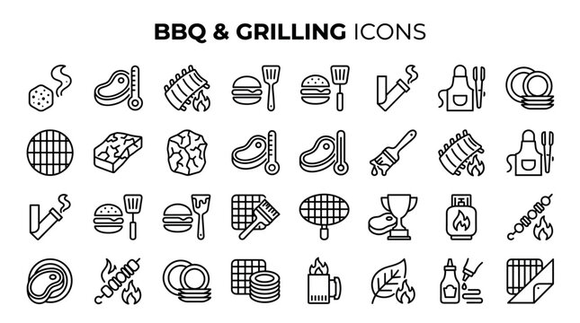 A collection of black line icons depicting BBQ and grilling themes, including meat, tools, fire, and cookware. Perfect for restaurant menus, food websites, and cooking event designs.