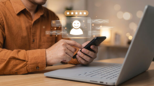 Man using smartphone with five star customer profile rating hologram