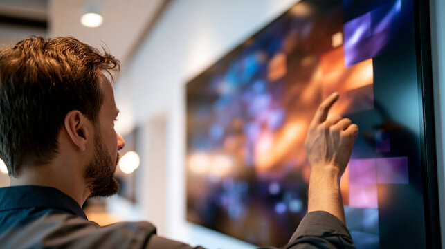 European man seen from behind using an interactive touchscreen display indoors hand tapping a large wall mounted screen with colorful tiles bright modern interior with white walls man