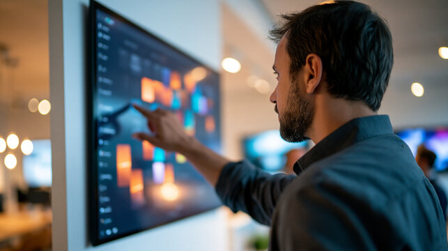 European man seen from behind using an interactive touchscreen display indoors hand tapping a large wall mounted screen with colorful tiles bright modern interior with white walls man