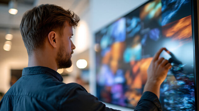 European man seen from behind using an interactive touchscreen display indoors hand tapping a large wall mounted screen with colorful tiles bright modern interior with white walls man