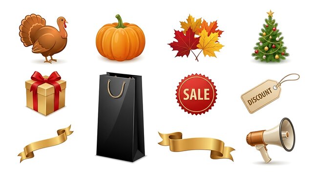 Set of holiday and seasonal shopping icons featuring a turkey pumpkin autumn leaves christmas tree gift shopping bag sale tag and megaphone