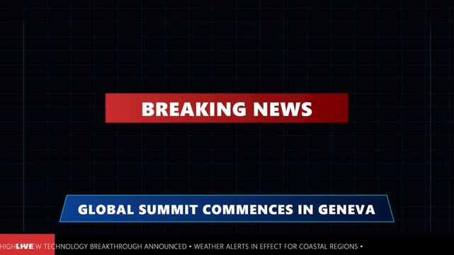 Breaking news broadcast graphic template with blue lower third banner and red title box as a film overlay on a dark grid background