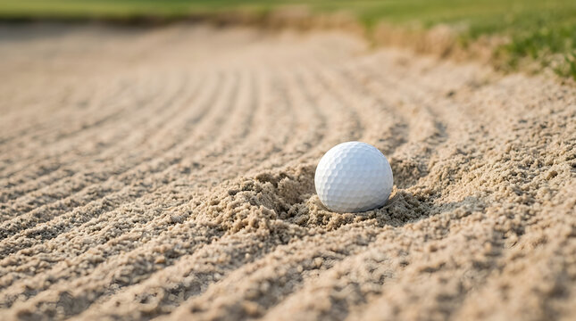 Golf Ball Partially Buried Deep in Sand in a Golf Course Bunker