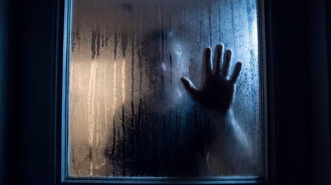 Silhouette of a human hand pressing against a cold condensation covered glass pane window surface