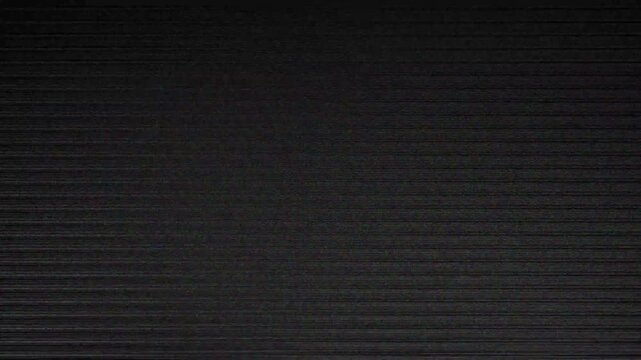 Black screen with fine horizontal scanning lines and subtle white signal streaks, abstract analog television interference texture for glitch transitions, digital backgrounds and visual effects. 4k