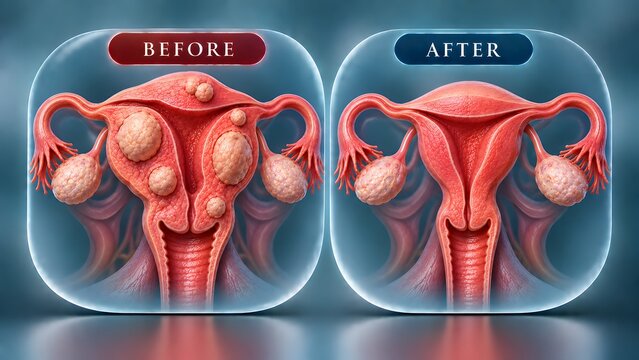 AI generated medical illustration comparing uterus with fibroids versus healthy uterus before and after treatment