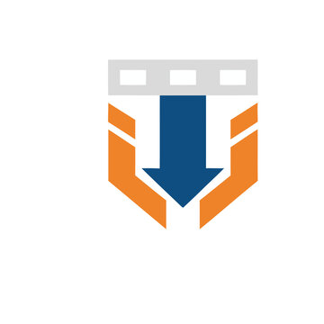 Orange and blue shield with downward arrow logo