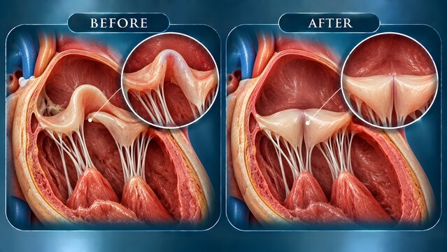 AI generated 3D illustration of human heart mitral valve repair comparison before and after surgery