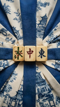 Mahjong game tiles, blue chinoiserie pattern background, chinese calligraphy word