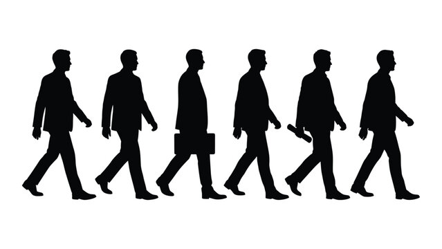 Six businessmen walking in a sequence black silhouette business men
