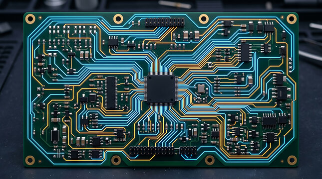 Printed circuit board with microchip processors components and electronic tracks