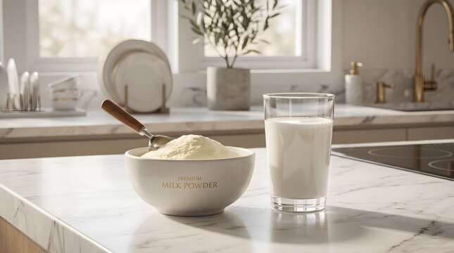Bowl of Milk Powder with Wooden Spoon and Glass of Milk on Marble Countertop Stock Photo