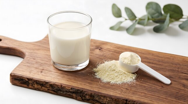 Wooden Cutting Board with Glass of Milk, Milk Powder Pile, and Measuring Scoop Stock Photo