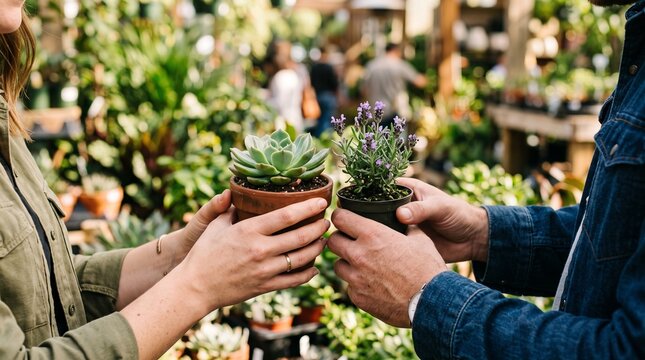 Couple holding potted succulent and lavender plants in a garden center
