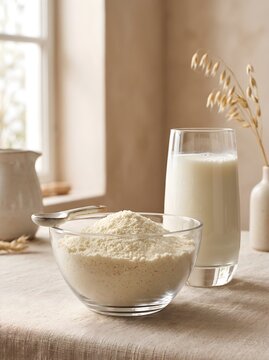 Kitchen Window Sill Setup with Bowl of Milk Powder and Glass of Fresh Milk Stock Photo