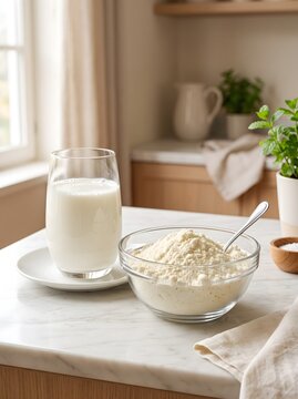 Kitchen Interior View with Glass of Milk and Bowl of Milk Powder Stock Photo
