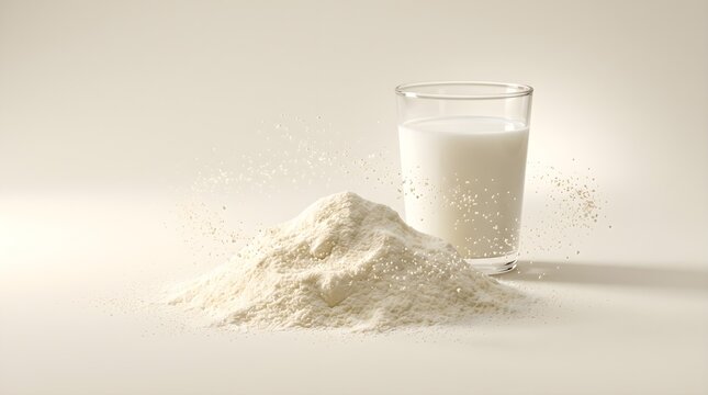 Minimalist Studio Shot of Milk Powder Mound and Glass of Fresh Milk Stock Photo