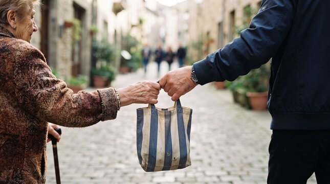 Man helps elderly woman carry shopping bag in charming European street scene