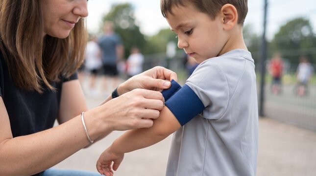 Mother secures captain armband on young son's arm for sports activity outdoors
