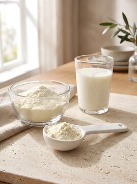 Glass Bowl of Milk Powder and Measuring Scoop on Light Kitchen Countertop Stock Photo