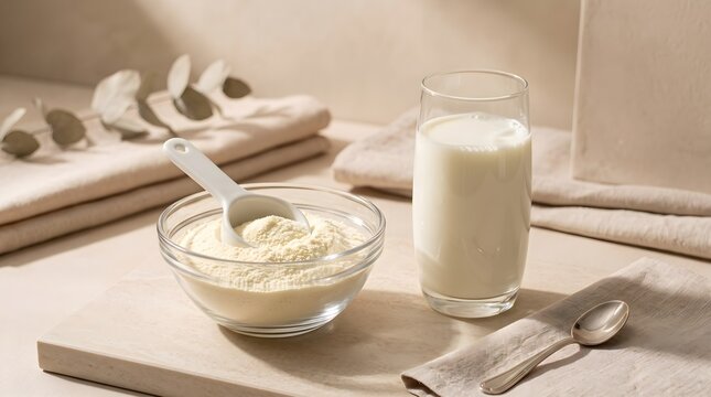 Wooden Cutting Board Setup with Bowl of Milk Powder, Spoon, and Glass of Milk Stock Photo