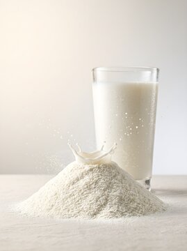 Mound of Milk Powder with Small Liquid Milk Splash and Tall Glass on Light Background Stock Photo