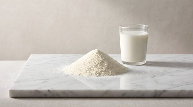 Neat Mound of Dry Milk Powder and Tall Glass of Fresh Milk on Marble Slab Stock Photo
