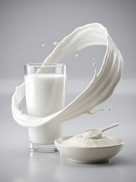 Dynamic Liquid Milk Splash Wave Around Glass and Bowl of Powder on Gray Background Stock Photo
