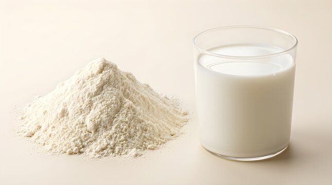 Neat Mound of Dry Milk Powder and Tall Glass of Fresh Milk on Light Background Stock Photo