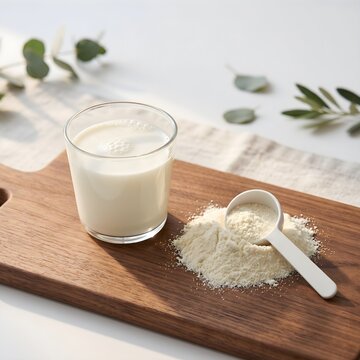 Wooden Cutting Board with Glass of Milk, Measuring Spoon, and Milk Powder Pile Stock Photo