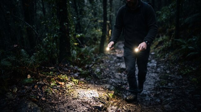 Man walking through dark forest at night holding two flashlights illuminating the path ahead