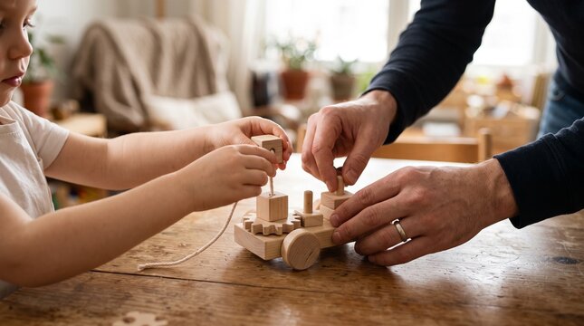 Father and child hands assembling a wooden toy car on a rustic table, fostering bonding and creativity