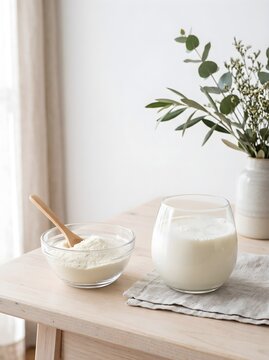Rustic Tabletop Setup with Bowl of Milk Powder, Spoon, Glass of Milk, and Foliage Stock Photo