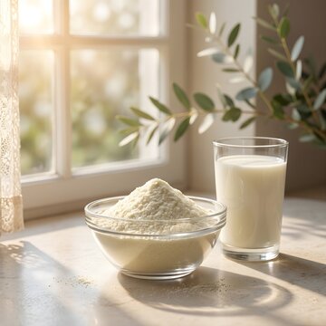 Bowl of Milk Powder and Glass of Fresh Milk on Sunlit Table Near Window Stock Photo