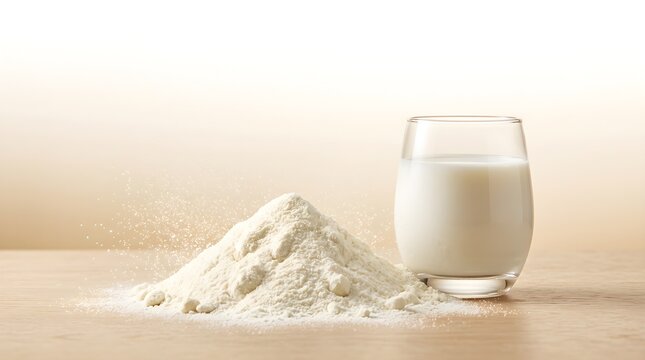 Heap of Dry Milk Powder and Glass of Fresh Milk on Wooden Table Stock Photo