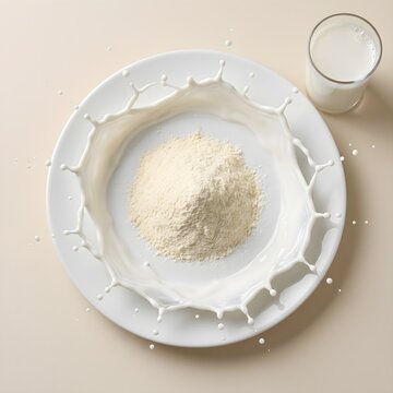 Top View of Milk Powder on Plate Inside Circular Milk Splash Stock Photo