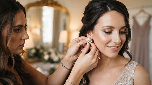 Bride getting ready for wedding day as bridesmaid fastens her sparkling earring